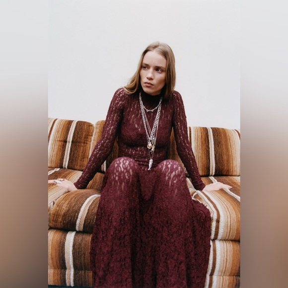 ZARA Burgundy Lace Asymmetrical Hem Midi Dress M NWT Boudoir Dark Romance Whimsy - Picture 4 of 16